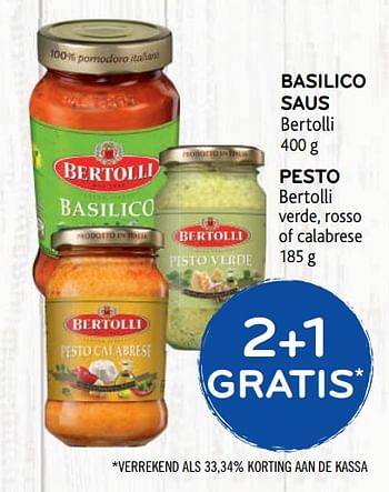 Promoties 2+1 gratis basilico saus bertolli - Bertolli - Geldig van 12/08/2020 tot 25/08/2020 bij Alvo
