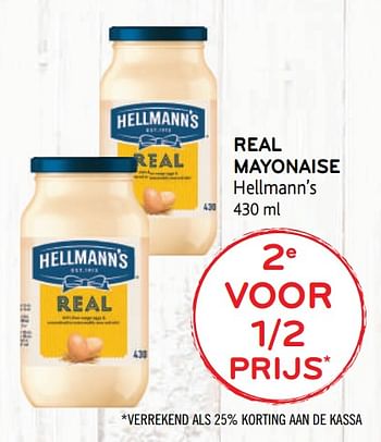 Promotions 2e voor 1-2 prijs real mayonaise hellmann`s - Hellmann's - Valide de 12/08/2020 à 25/08/2020 chez Alvo