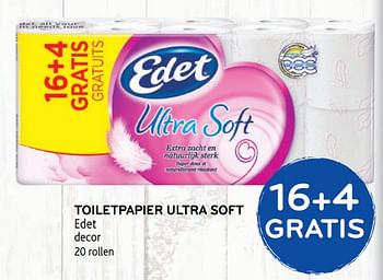 Promoties 16+4 gratis toiletpapier ultra soft edet decor - Edet - Geldig van 12/08/2020 tot 25/08/2020 bij Alvo