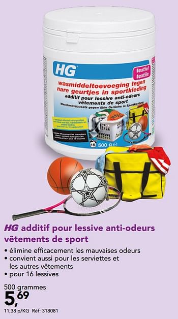 Promoties Hg additif pour lessive anti-odeurs vêtements de sport - HG - Geldig van 12/08/2020 tot 23/08/2020 bij Hubo