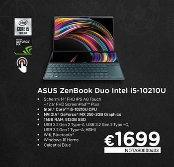 Promoties Asus zenbook duo intel i5-10210u - Asus - Geldig van 16/08/2020 tot 30/09/2020 bij Compudeals