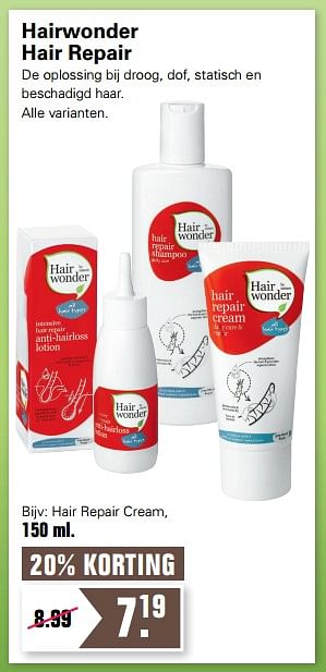 Promoties Hair repair cream - Hairwonder - Geldig van 12/08/2020 tot 29/08/2020 bij De Online Drogist