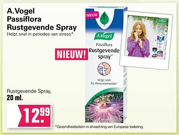 Promotions A.vogel passiflora rustgevende spray - A. Vogel - Valide de 12/08/2020 à 29/08/2020 chez De Online Drogist