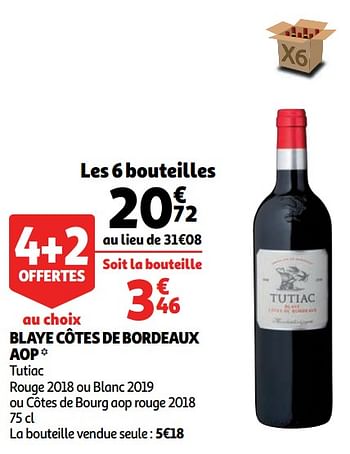 Vins rouges Blaye côtes de bordeaux aop tutiac rouge 2018 ou blanc 2019 ou côtes  de bourg aop rouge 2018 - En promotion chez Auchan Ronq