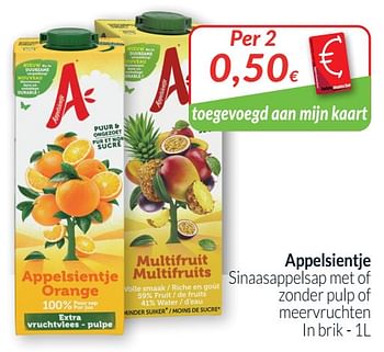Promoties Appelsientje sinaasappelsap met of zonder pulp of meervruchten - Appelsientje - Geldig van 01/09/2020 tot 30/09/2020 bij Intermarche