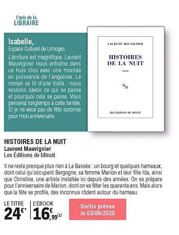 Promotions Histoires de la nuit laurent mauvignier les éditions de minuit - Produit Maison - E.Leclerc - Valide de 01/09/2020 à 24/10/2020 chez E.Leclerc