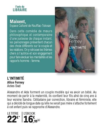 Promotions L`intimité alice ferney actes sud - Produit Maison - E.Leclerc - Valide de 01/09/2020 à 24/10/2020 chez E.Leclerc