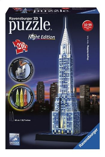 Promoties Ravensburger puzzle 3D Chrysler Building Night Edition - Ravensburger - Geldig van 23/07/2020 tot 05/09/2020 bij Dreamland