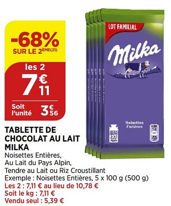 Promotions Tablette de chocolat au lait milka - Milka - Valide de 02/09/2020 à 07/09/2020 chez Bi1