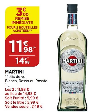 Promotions Martini 14,4% de vol bianco, rosso ou rosato - Martini - Valide de 02/09/2020 à 07/09/2020 chez Bi1