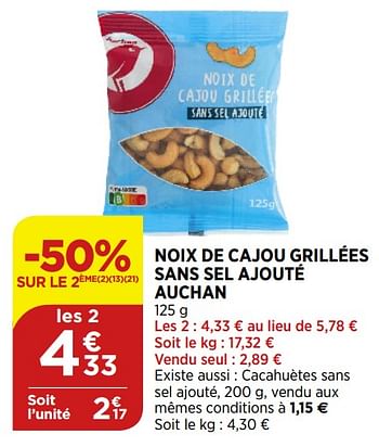 Promotions Noix de cajou grillées sans sel ajouté auchan - Auchan - Valide de 02/09/2020 à 07/09/2020 chez Bi1