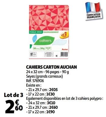 Promotions Cahiers carton auchan - Produit Maison - Auchan Ronq - Valide de 02/09/2020 à 08/09/2020 chez Auchan Ronq