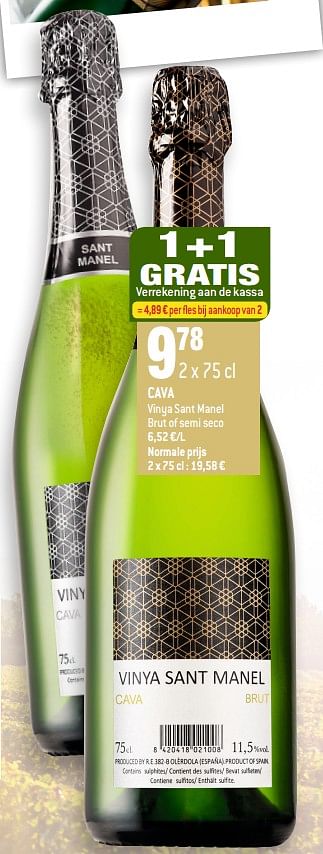 Promoties Cava vinya sant manel brut of semi seco - Schuimwijnen - Geldig van 02/09/2020 tot 29/09/2020 bij Smatch