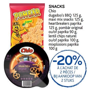Promoties -20% à l`achat de 2 pièces snacks chio - Chio - Geldig van 09/09/2020 tot 22/09/2020 bij Alvo