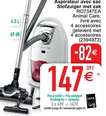 Promoties Rowenta aspirateur av ec sac stofzuiger met zak ro7347ea - Rowenta - Geldig van 08/09/2020 tot 21/09/2020 bij Cora