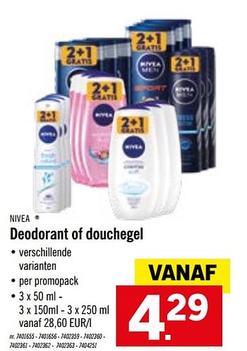 Promoties Deodorant of douchegel - Nivea - Geldig van 14/09/2020 tot 19/09/2020 bij Lidl