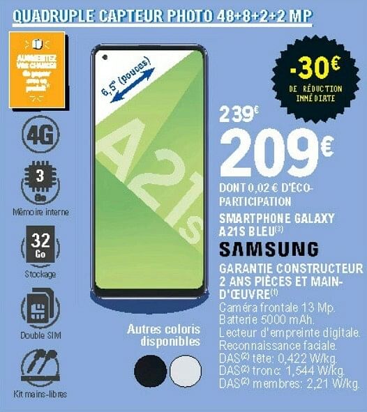 Samsung Smartphone Galaxy A21s Blue Samsung - En Promotion Chez E.Leclerc