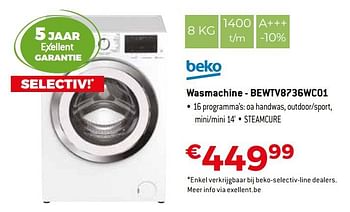 Promoties Beko wasmachine - bewtv8736wc01 - Beko - Geldig van 06/09/2020 tot 30/09/2020 bij Exellent