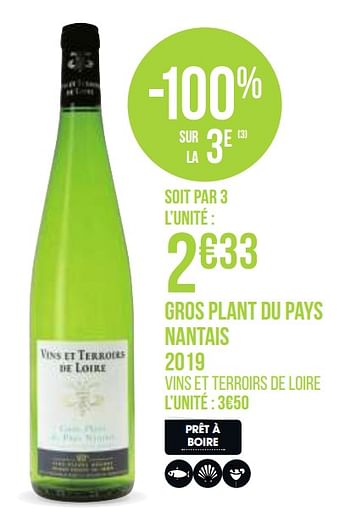 Promotions Gros plant du pays nantais 2019 - Vins blancs - Valide de 31/08/2020 à 13/09/2020 chez Géant Casino