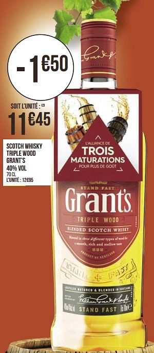 Promotions Scotch whisky triple wood grant`s - Grant's - Valide de 31/08/2020 à 13/09/2020 chez Géant Casino