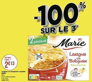 Promotions Lasagnes à la bolognaises surgelées marie - Marie - Valide de 07/09/2020 à 20/09/2020 chez Géant Casino