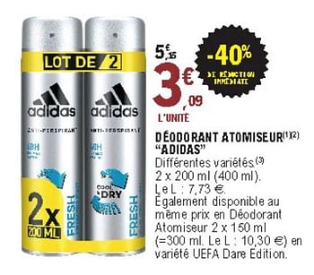 Promoties Déodorant atomiseur adidas - Adidas - Geldig van 08/09/2020 tot 19/09/2020 bij E.Leclerc