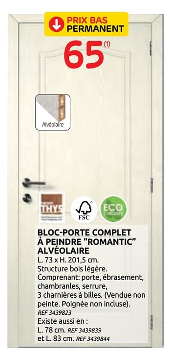 Promotions Bloc-porte complet à peindre romantic alvéolaire thys - Thys - Valide de 16/09/2020 à 29/09/2020 chez Brico