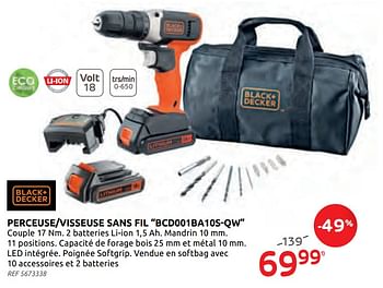 Promotions Perceuse-visseuse sans fil bcd001ba10s-qw black+decker - Black & Descker - Valide de 16/09/2020 à 29/09/2020 chez Brico