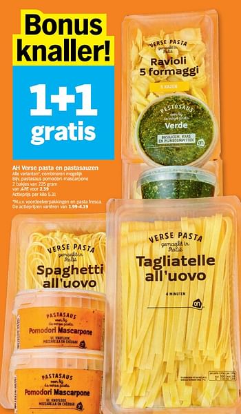 Promoties Ah verse pasta en pastasauzen pastasaus pomodori-mascarpone - Huismerk - Albert Heijn - Geldig van 14/09/2020 tot 20/09/2020 bij Albert Heijn
