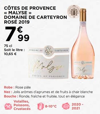 Promotions Côtes de provence malyse domaine de carteyron rosé 2019 - Vins rosé - Valide de 09/09/2020 à 20/09/2020 chez Atac