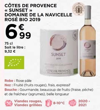 Promotions Côtes de provence sunset domaine de la navicelle rosé bio 2019 - Vins rosé - Valide de 09/09/2020 à 20/09/2020 chez Atac