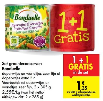 Promoties Set groenteconserven bonduelle set doperwtjes en worteltjes zeer fijn - Bonduelle - Geldig van 16/09/2020 tot 28/09/2020 bij Carrefour