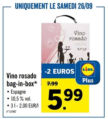 Promotions Vino rosado bag-in-box - Vins rosé - Valide de 21/09/2020 à 26/09/2020 chez Lidl