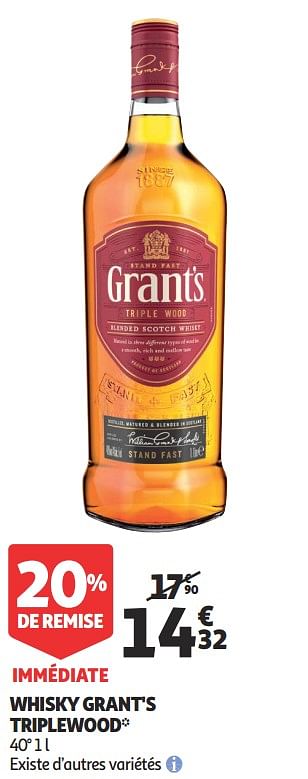 Promotions Whisky grant`s triplewood - Grant's - Valide de 16/09/2020 à 22/09/2020 chez Auchan Ronq
