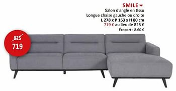 Promoties Smile salon d`angle en tissu longue chaise gauche ou droite - Huismerk - Weba - Geldig van 16/09/2020 tot 15/10/2020 bij Weba