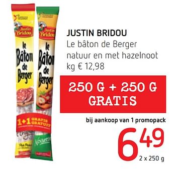 Promoties Justin bridou le bâton de berger natuur en met hazelnoot - Justin Bridou - Geldig van 24/09/2020 tot 07/10/2020 bij Spar (Colruytgroup)