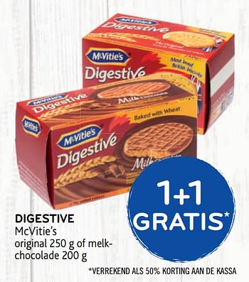 Promoties 1+1 gratis digestive mcvitie`s original of melkchocolade - McVitie's - Geldig van 23/09/2020 tot 06/10/2020 bij Alvo
