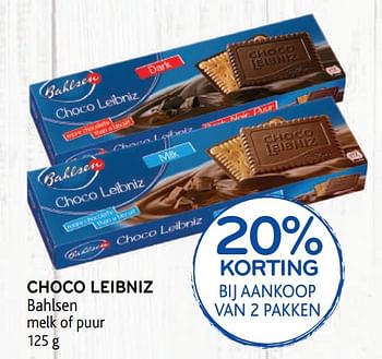 Promoties 20% korting bij aankoop van 2 pakken choco leibniz bahlsen melk of puur - Bahlsen - Geldig van 23/09/2020 tot 06/10/2020 bij Alvo