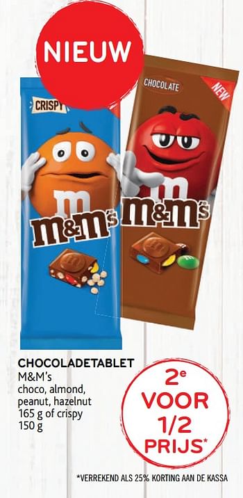 Promoties 2e voor 1-2 prijs chocoladetablet m+m`s choco, almond, peanut, hazelnut of crispy - M&M 's - Geldig van 23/09/2020 tot 06/10/2020 bij Alvo