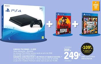 Promotions Sony console ps4 500go + 2 jeux - Sony - Valide de 20/09/2020 à 26/09/2020 chez E.Leclerc
