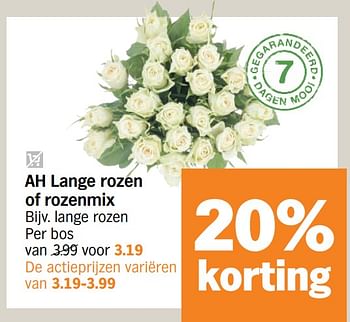 Promoties Ah lange rozen of rozenmix lange rozen per bos - Huismerk - Albert Heijn - Geldig van 21/09/2020 tot 27/09/2020 bij Albert Heijn