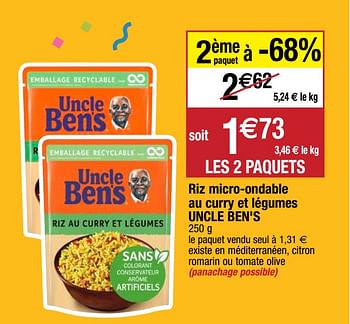 Promoties Riz micro-ondable au curry et légumes uncle ben`s - Uncle Ben's - Geldig van 22/09/2020 tot 27/09/2020 bij Migros