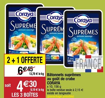 Promoties Bâtonnets suprêmes au goût de crabe coraya - Coraya - Geldig van 22/09/2020 tot 27/09/2020 bij Migros