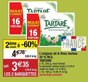 Promotions L`original ail + fines herbes 32 % m.g. tartare - L’Original Tartare  - Valide de 22/09/2020 à 27/09/2020 chez Migros