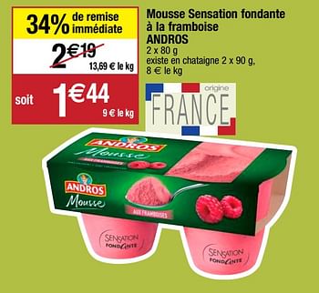 Promotions Mousse sensation fondante à la framboise andros - Andros - Valide de 22/09/2020 à 27/09/2020 chez Migros