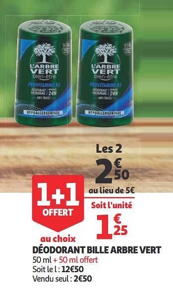 Promotions Déodorant bille arbre vert - L'arbre vert - Valide de 23/09/2020 à 29/09/2020 chez Auchan Ronq