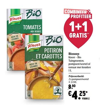 Promotions Biosoep knorr - bio tuingroenten pompoen-wortel of tomaat met kruiden - Knorr - Valide de 24/09/2020 à 30/09/2020 chez Delhaize