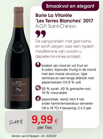 Promoties Borie la vitarèle les terres blanches 2017 a.o.p. saint-chinian - Rode wijnen - Geldig van 21/09/2020 tot 04/10/2020 bij Colruyt