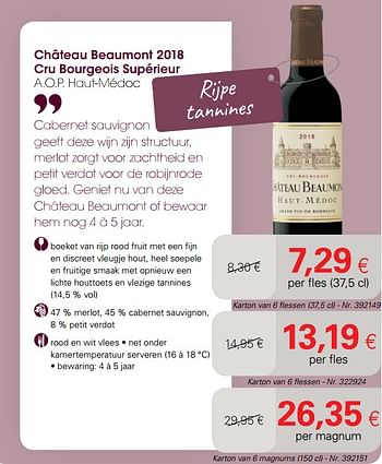 Promotions Château beaumont 2018 cru bourgeois supérieur a.o.p. haut-médoc - Vins rouges - Valide de 21/09/2020 à 04/10/2020 chez Colruyt