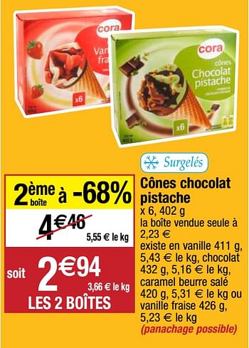 Promotions Cônes chocolat pistache - Cora - Valide de 22/09/2020 à 27/09/2020 chez Migros